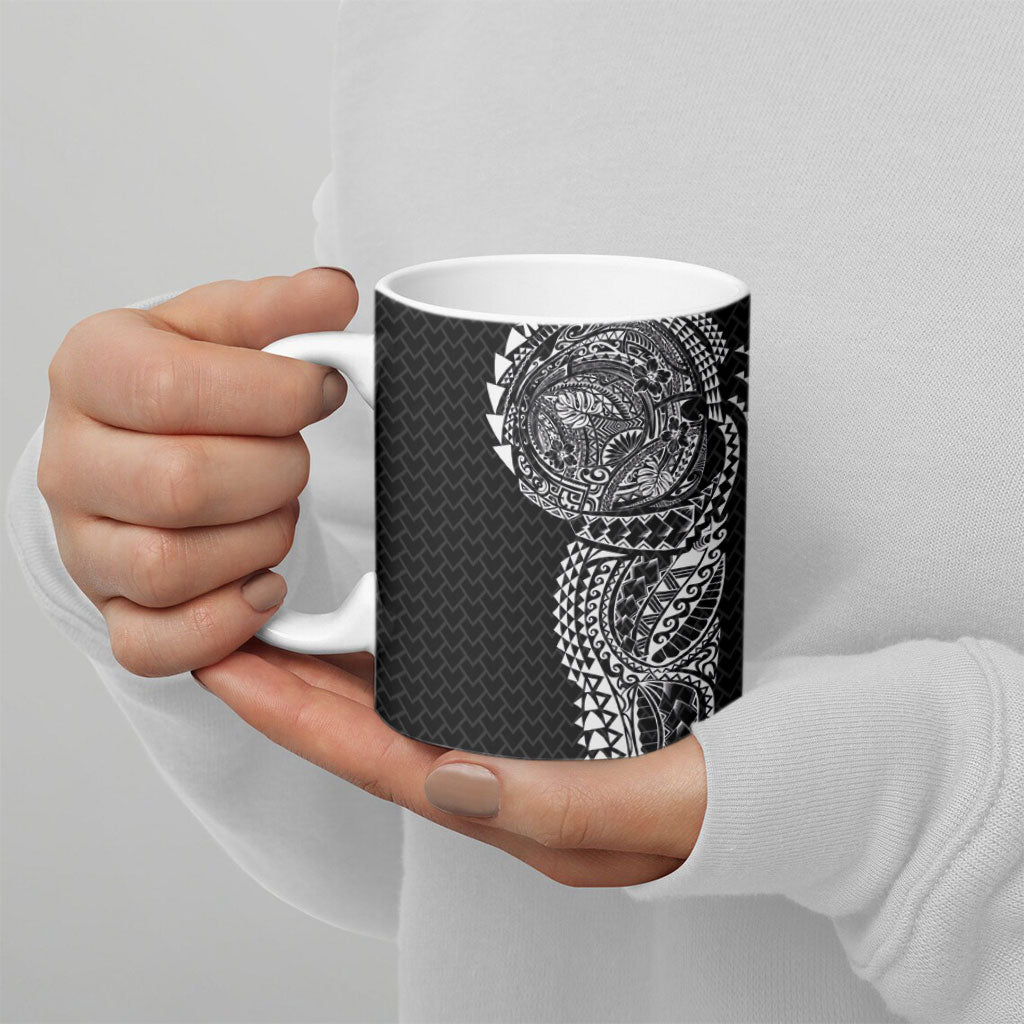 Hawaiian Traditional Tattoos Ceramic Mug Kakau Tribal Tropical Plant Motif Black Color