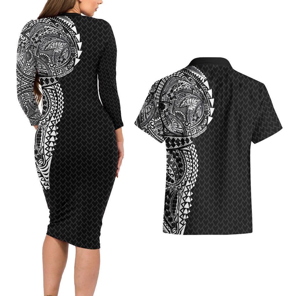 Hawaiian Traditional Tattoos Couples Matching Long Sleeve Bodycon Dress and Hawaiian Shirt Kakau Tribal Tropical Plant Motif Black Color
