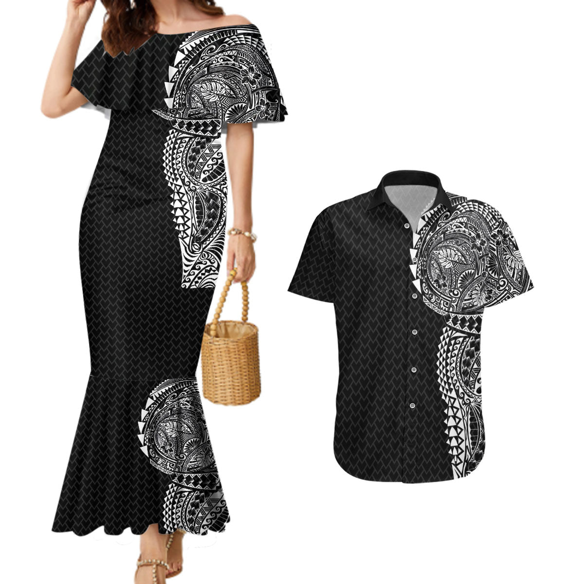 Hawaiian Traditional Tattoos Couples Matching Mermaid Dress and Hawaiian Shirt Kakau Tribal Tropical Plant Motif Black Color