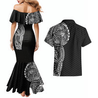 Hawaiian Traditional Tattoos Couples Matching Mermaid Dress and Hawaiian Shirt Kakau Tribal Tropical Plant Motif Black Color