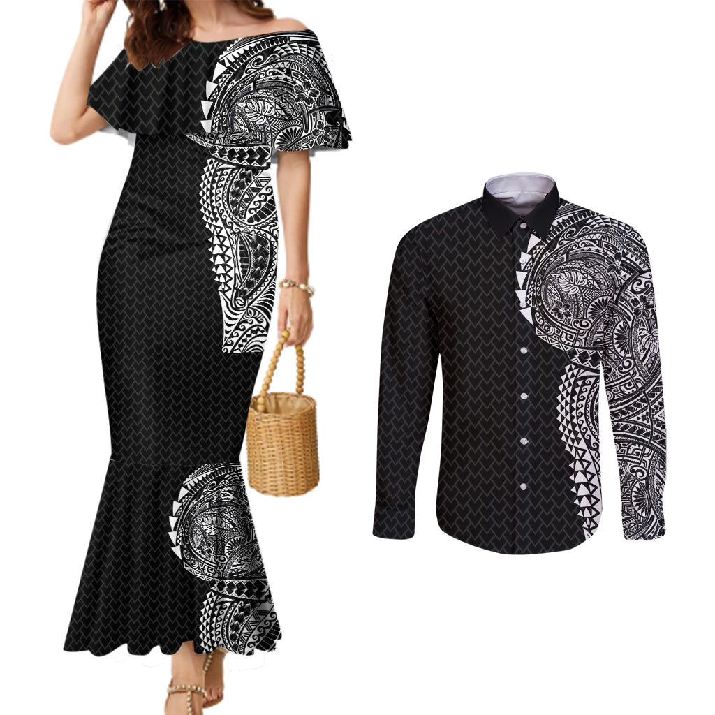 Hawaiian Traditional Tattoos Couples Matching Mermaid Dress and Long Sleeve Button Shirt Kakau Tribal Tropical Plant Motif Black Color LT03 Black - Polynesian Pride