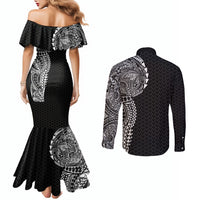 Hawaiian Traditional Tattoos Couples Matching Mermaid Dress and Long Sleeve Button Shirt Kakau Tribal Tropical Plant Motif Black Color LT03 - Polynesian Pride