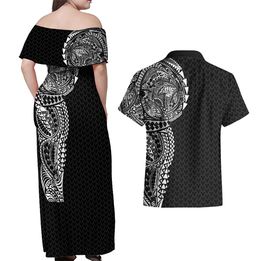 Hawaiian Traditional Tattoos Couples Matching Off Shoulder Maxi Dress and Hawaiian Shirt Kakau Tribal Tropical Plant Motif Black Color