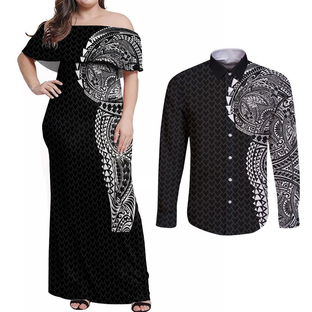 Hawaiian Traditional Tattoos Couples Matching Off Shoulder Maxi Dress and Long Sleeve Button Shirt Kakau Tribal Tropical Plant Motif Black Color