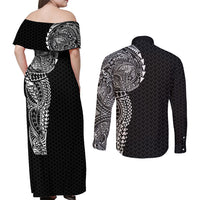 Hawaiian Traditional Tattoos Couples Matching Off Shoulder Maxi Dress and Long Sleeve Button Shirt Kakau Tribal Tropical Plant Motif Black Color