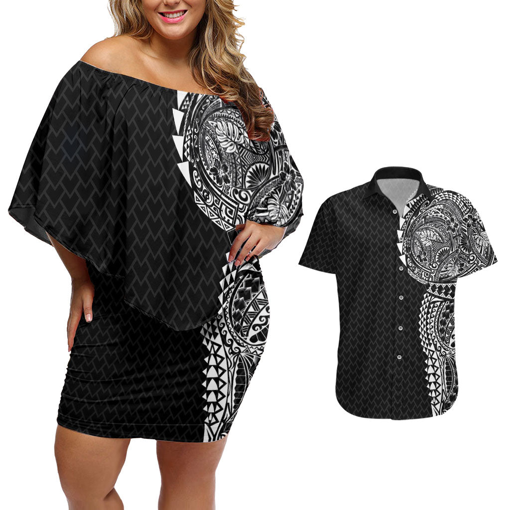 Hawaiian Traditional Tattoos Couples Matching Off Shoulder Short Dress and Hawaiian Shirt Kakau Tribal Tropical Plant Motif Black Color