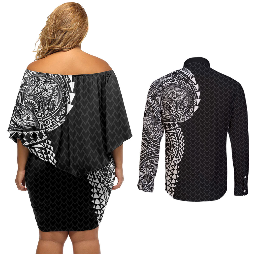 Hawaiian Traditional Tattoos Couples Matching Off Shoulder Short Dress and Long Sleeve Button Shirt Kakau Tribal Tropical Plant Motif Black Color