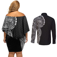 Hawaiian Traditional Tattoos Couples Matching Off Shoulder Short Dress and Long Sleeve Button Shirt Kakau Tribal Tropical Plant Motif Black Color