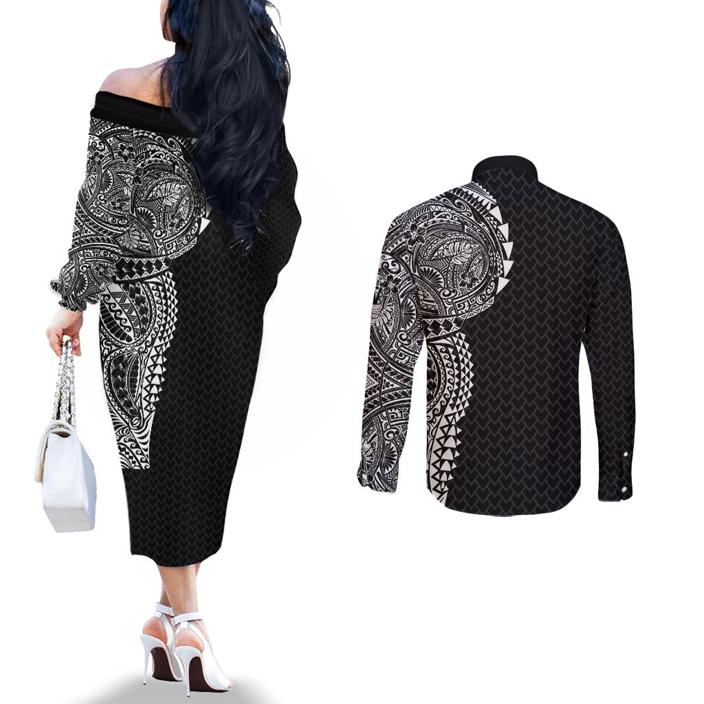 Hawaiian Traditional Tattoos Couples Matching Off The Shoulder Long Sleeve Dress and Long Sleeve Button Shirt Kakau Tribal Tropical Plant Motif Black Color