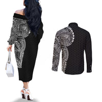 Hawaiian Traditional Tattoos Couples Matching Off The Shoulder Long Sleeve Dress and Long Sleeve Button Shirt Kakau Tribal Tropical Plant Motif Black Color