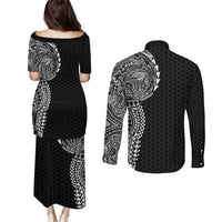Hawaiian Traditional Tattoos Couples Matching Puletasi and Long Sleeve Button Shirt Kakau Tribal Tropical Plant Motif Black Color