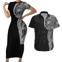 Hawaiian Traditional Tattoos Couples Matching Short Sleeve Bodycon Dress and Hawaiian Shirt Kakau Tribal Tropical Plant Motif Black Color