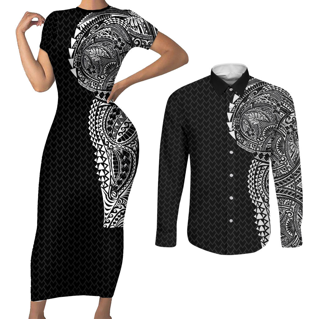 Hawaiian Traditional Tattoos Couples Matching Short Sleeve Bodycon Dress and Long Sleeve Button Shirt Kakau Tribal Tropical Plant Motif Black Color