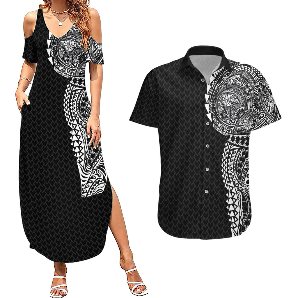 Hawaiian Traditional Tattoos Couples Matching Summer Maxi Dress and Hawaiian Shirt Kakau Tribal Tropical Plant Motif Black Color