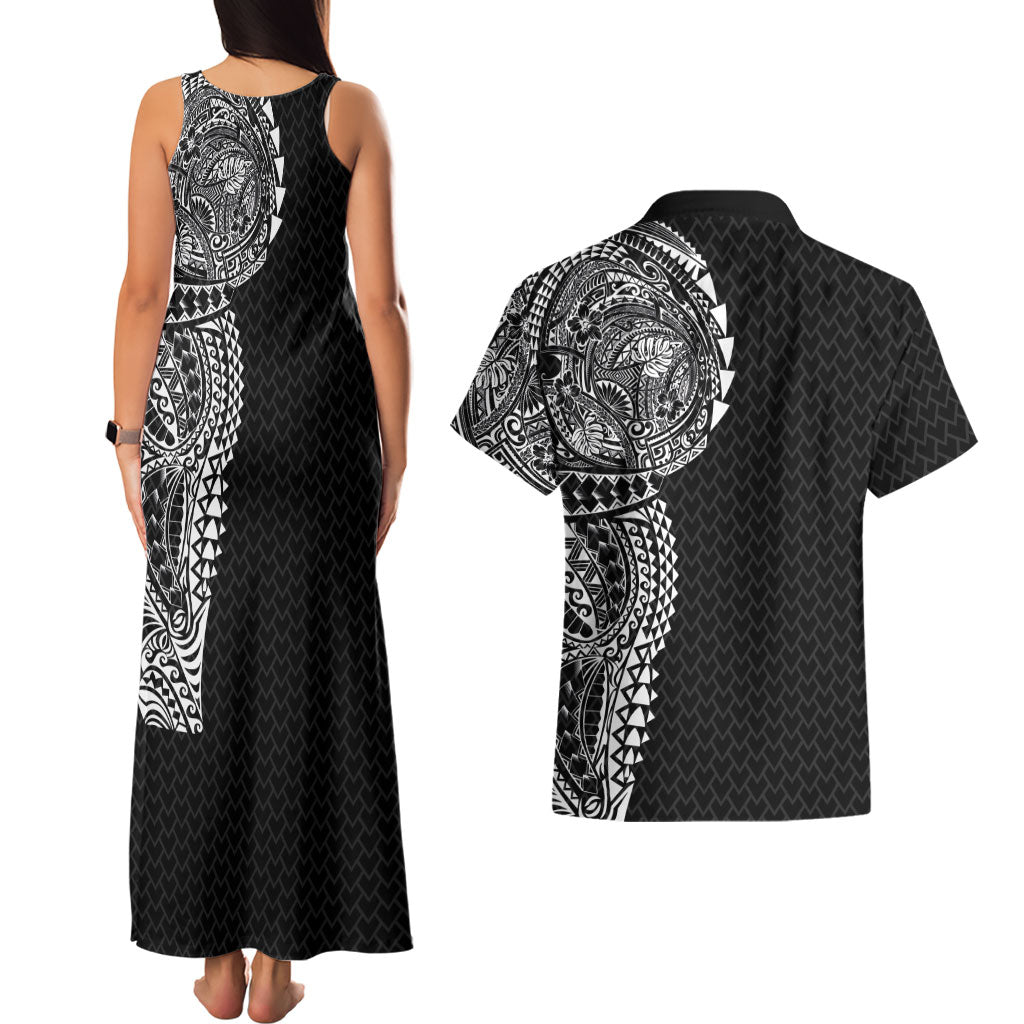 Hawaiian Traditional Tattoos Couples Matching Tank Maxi Dress and Hawaiian Shirt Kakau Tribal Tropical Plant Motif Black Color