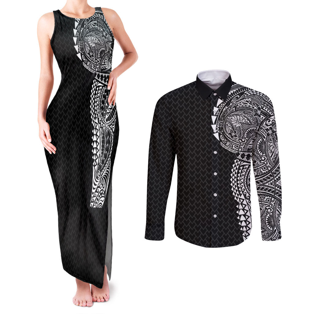 Hawaiian Traditional Tattoos Couples Matching Tank Maxi Dress and Long Sleeve Button Shirt Kakau Tribal Tropical Plant Motif Black Color