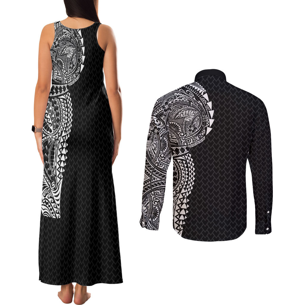 Hawaiian Traditional Tattoos Couples Matching Tank Maxi Dress and Long Sleeve Button Shirt Kakau Tribal Tropical Plant Motif Black Color