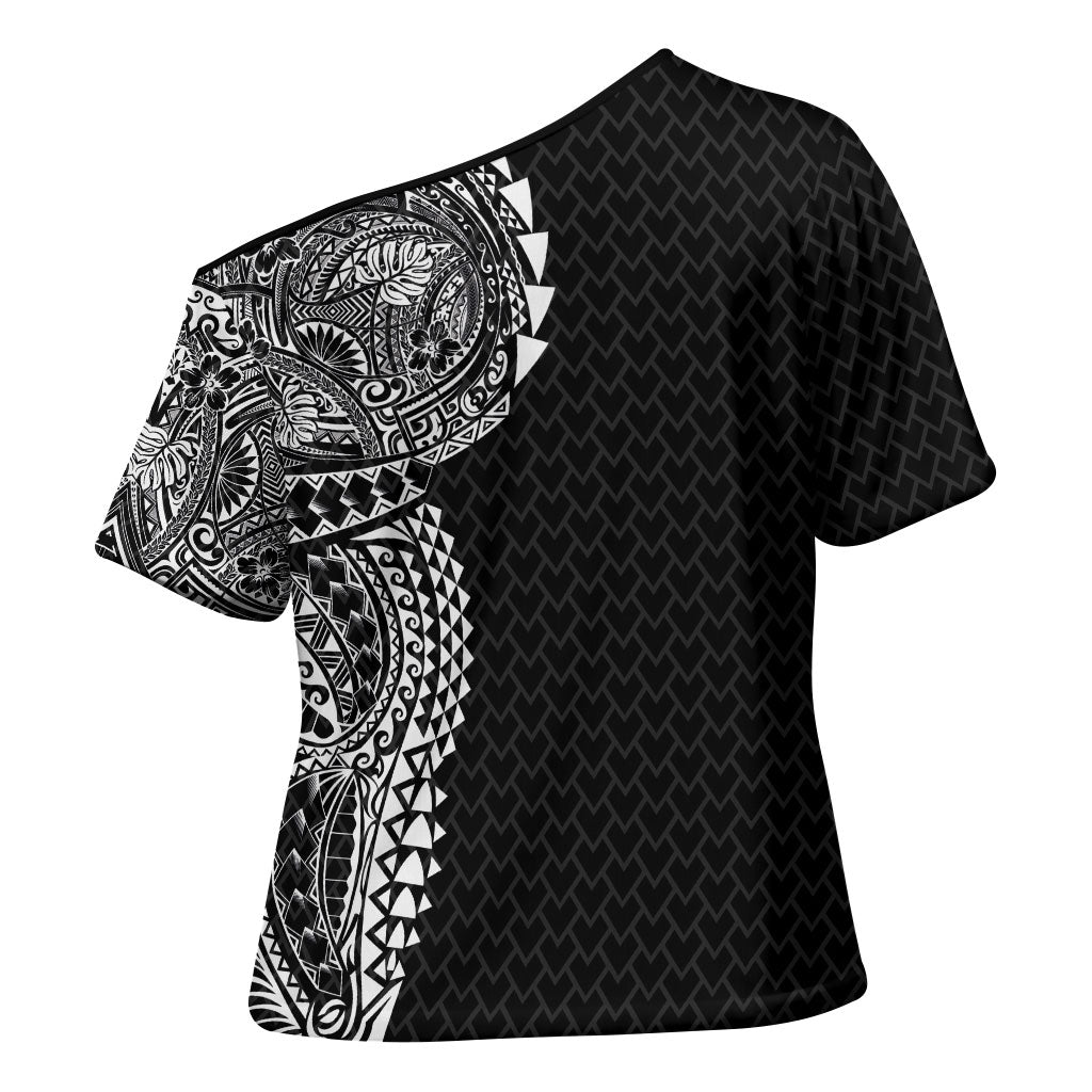 Hawaiian Traditional Tattoos Cross Shoulder Shirt Kakau Tribal Tropical Plant Motif Black Color