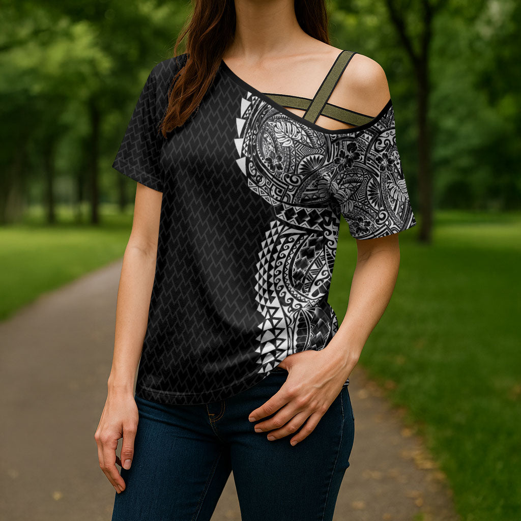 Hawaiian Traditional Tattoos Cross Shoulder Shirt Kakau Tribal Tropical Plant Motif Black Color