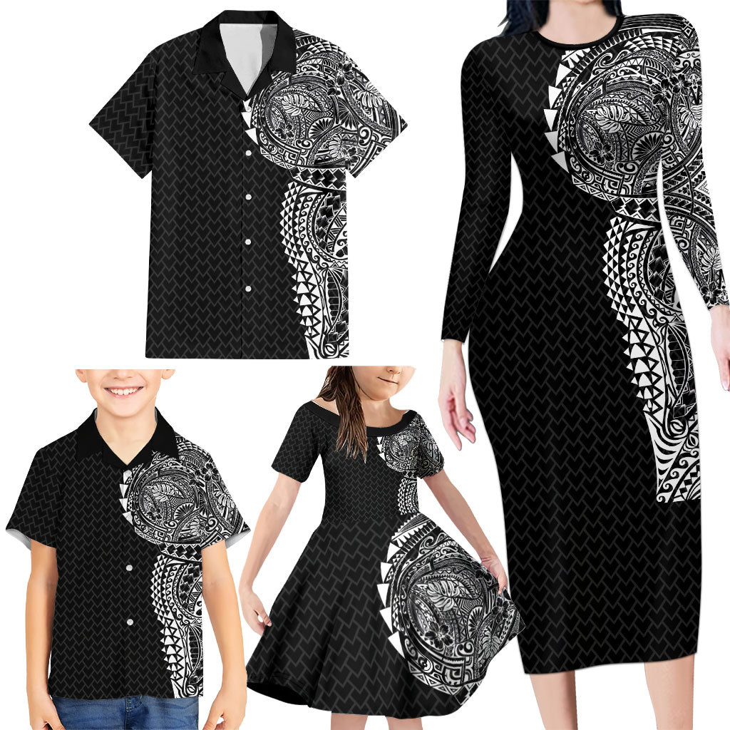 Hawaiian Traditional Tattoos Family Matching Long Sleeve Bodycon Dress and Hawaiian Shirt Kakau Tribal Tropical Plant Motif Black Color