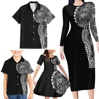 Hawaiian Traditional Tattoos Family Matching Long Sleeve Bodycon Dress and Hawaiian Shirt Kakau Tribal Tropical Plant Motif Black Color