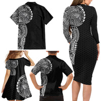 Hawaiian Traditional Tattoos Family Matching Long Sleeve Bodycon Dress and Hawaiian Shirt Kakau Tribal Tropical Plant Motif Black Color