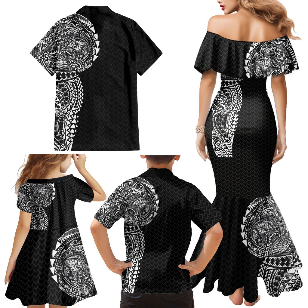 Hawaiian Traditional Tattoos Family Matching Mermaid Dress and Hawaiian Shirt Kakau Tribal Tropical Plant Motif Black Color