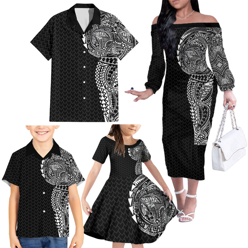 Hawaiian Traditional Tattoos Family Matching Off The Shoulder Long Sleeve Dress and Hawaiian Shirt Kakau Tribal Tropical Plant Motif Black Color