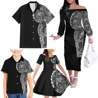 Hawaiian Traditional Tattoos Family Matching Off The Shoulder Long Sleeve Dress and Hawaiian Shirt Kakau Tribal Tropical Plant Motif Black Color