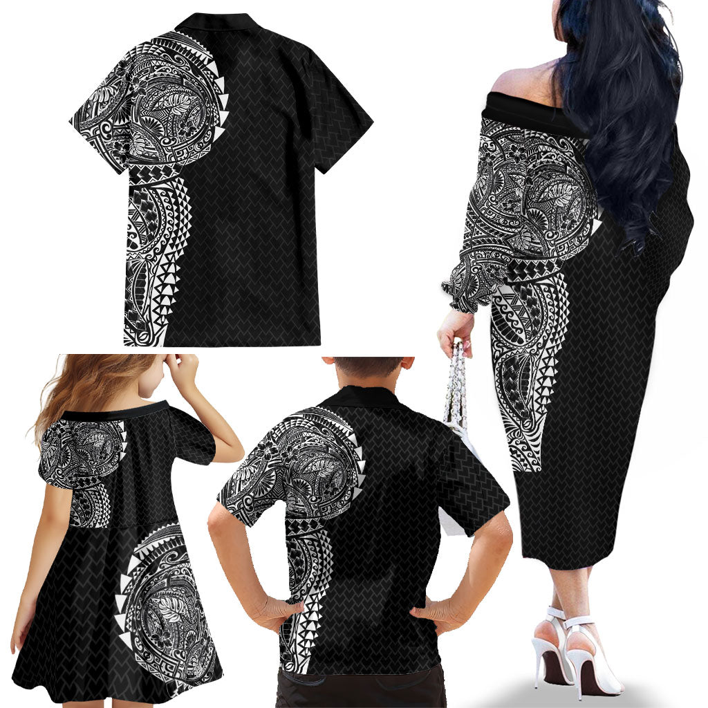 Hawaiian Traditional Tattoos Family Matching Off The Shoulder Long Sleeve Dress and Hawaiian Shirt Kakau Tribal Tropical Plant Motif Black Color