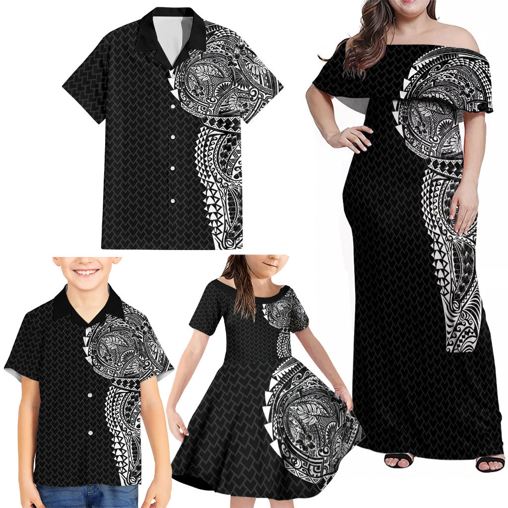 Hawaiian Traditional Tattoos Family Matching Off Shoulder Maxi Dress and Hawaiian Shirt Kakau Tribal Tropical Plant Motif Black Color