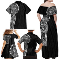Hawaiian Traditional Tattoos Family Matching Off Shoulder Maxi Dress and Hawaiian Shirt Kakau Tribal Tropical Plant Motif Black Color