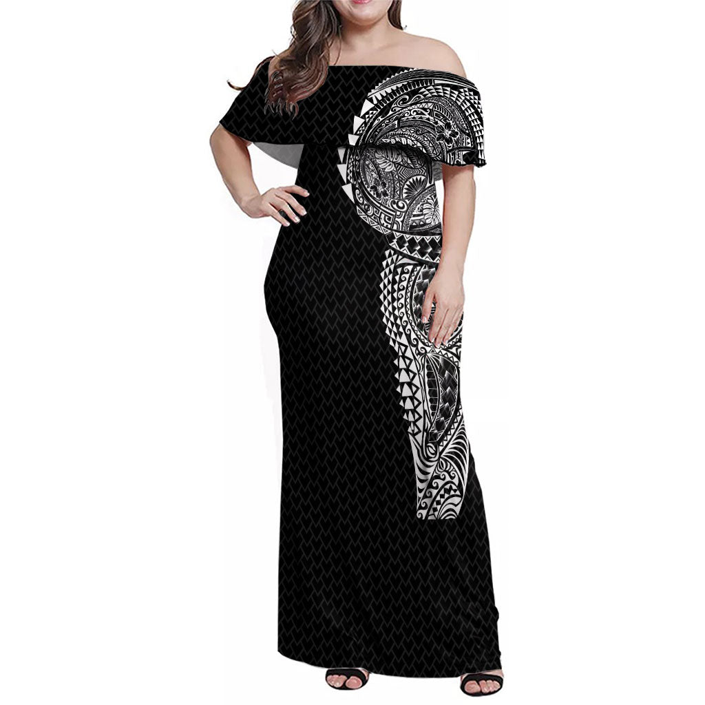 Hawaiian Traditional Tattoos Family Matching Off Shoulder Maxi Dress and Hawaiian Shirt Kakau Tribal Tropical Plant Motif Black Color