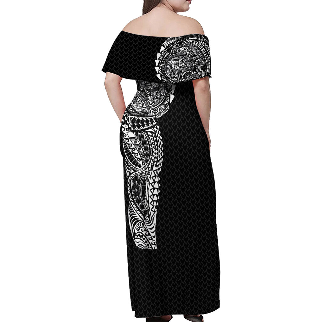 Hawaiian Traditional Tattoos Family Matching Off Shoulder Maxi Dress and Hawaiian Shirt Kakau Tribal Tropical Plant Motif Black Color
