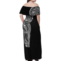 Hawaiian Traditional Tattoos Family Matching Off Shoulder Maxi Dress and Hawaiian Shirt Kakau Tribal Tropical Plant Motif Black Color