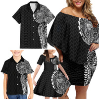 Hawaiian Traditional Tattoos Family Matching Off Shoulder Short Dress and Hawaiian Shirt Kakau Tribal Tropical Plant Motif Black Color
