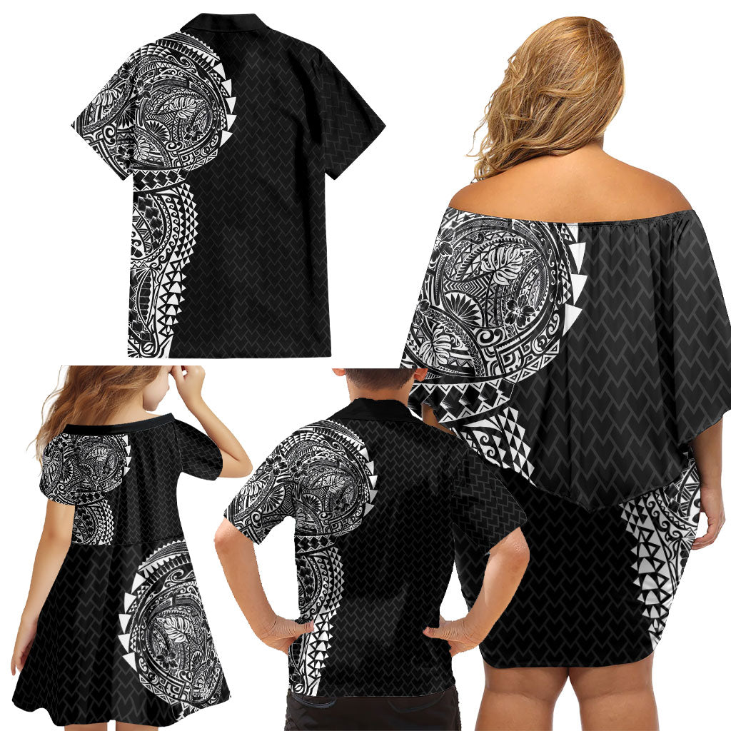Hawaiian Traditional Tattoos Family Matching Off Shoulder Short Dress and Hawaiian Shirt Kakau Tribal Tropical Plant Motif Black Color