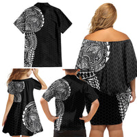 Hawaiian Traditional Tattoos Family Matching Off Shoulder Short Dress and Hawaiian Shirt Kakau Tribal Tropical Plant Motif Black Color