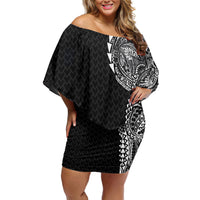 Hawaiian Traditional Tattoos Family Matching Off Shoulder Short Dress and Hawaiian Shirt Kakau Tribal Tropical Plant Motif Black Color