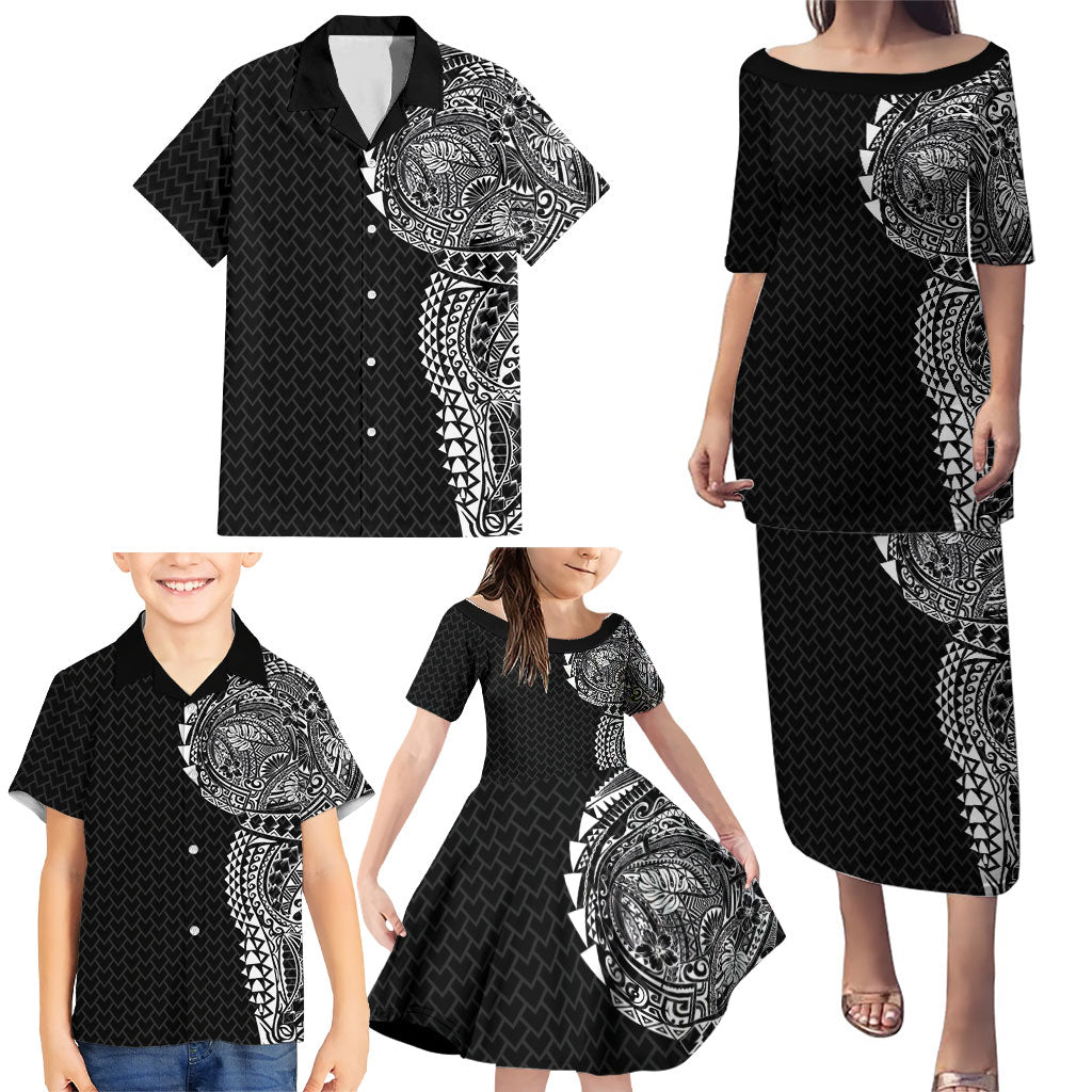 Hawaiian Traditional Tattoos Family Matching Puletasi and Hawaiian Shirt Kakau Tribal Tropical Plant Motif Black Color