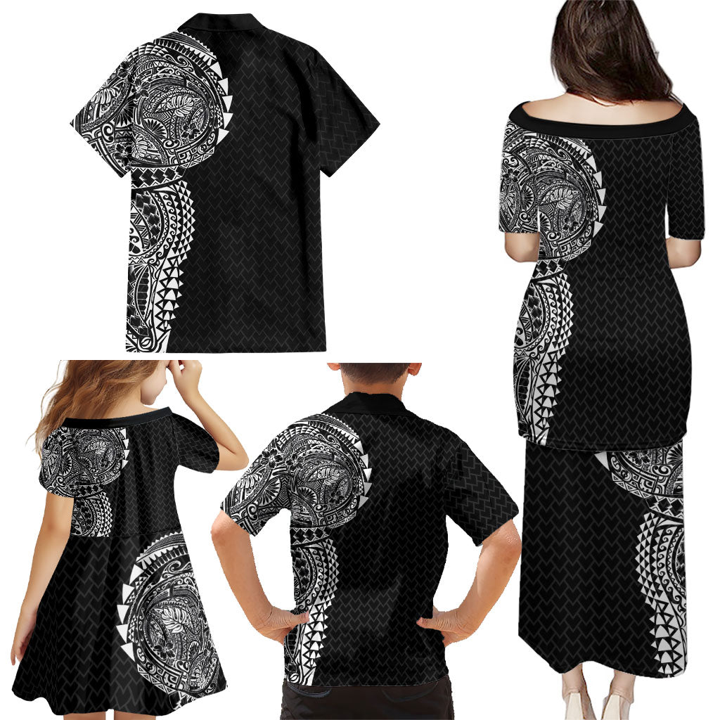 Hawaiian Traditional Tattoos Family Matching Puletasi and Hawaiian Shirt Kakau Tribal Tropical Plant Motif Black Color
