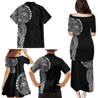 Hawaiian Traditional Tattoos Family Matching Puletasi and Hawaiian Shirt Kakau Tribal Tropical Plant Motif Black Color