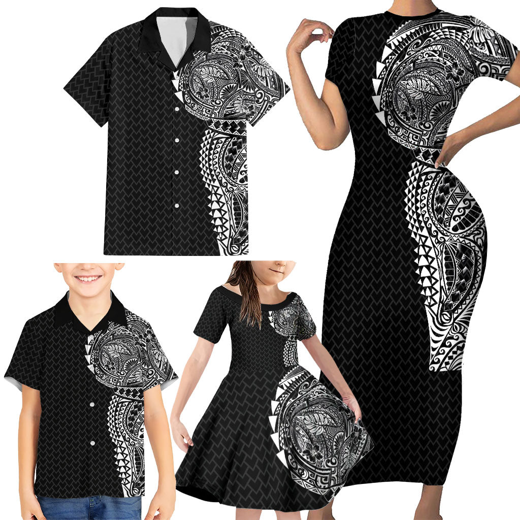 Hawaiian Traditional Tattoos Family Matching Short Sleeve Bodycon Dress and Hawaiian Shirt Kakau Tribal Tropical Plant Motif Black Color
