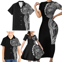 Hawaiian Traditional Tattoos Family Matching Short Sleeve Bodycon Dress and Hawaiian Shirt Kakau Tribal Tropical Plant Motif Black Color