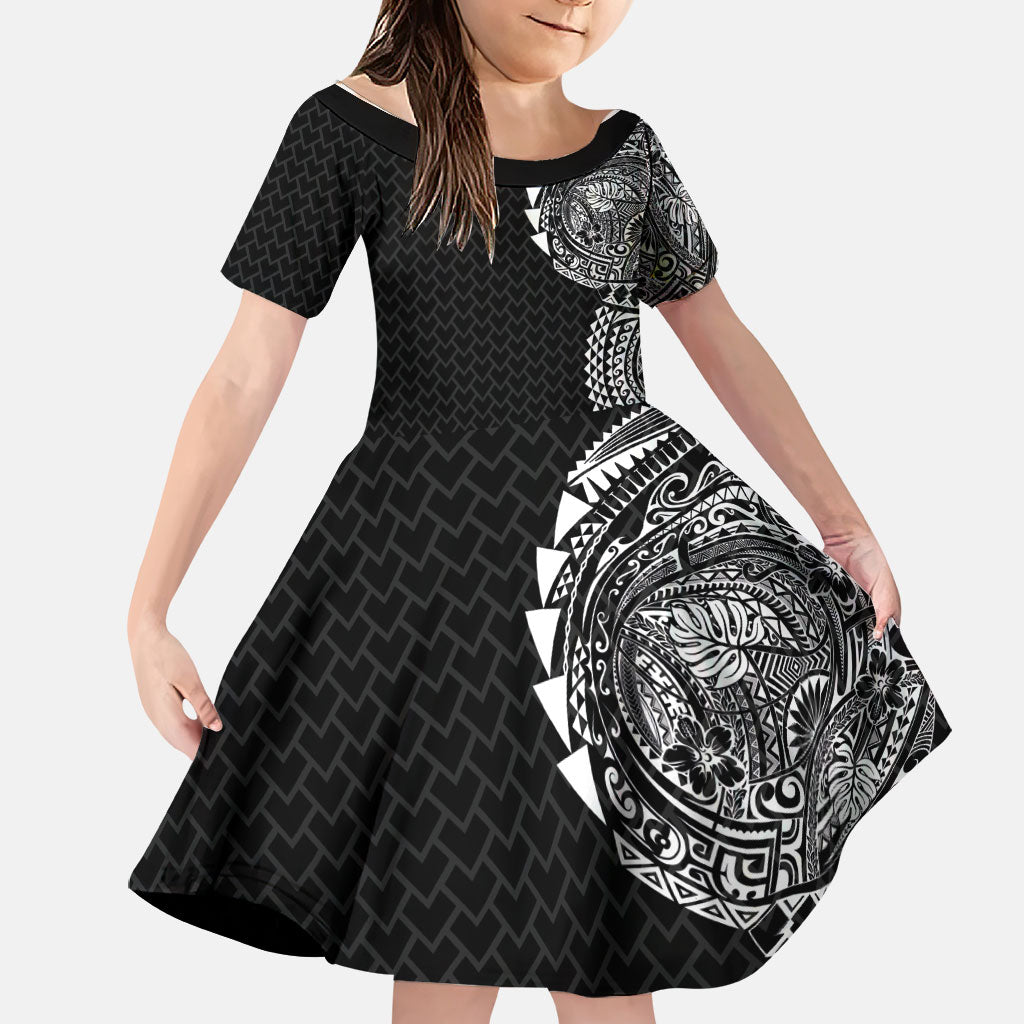 Hawaiian Traditional Tattoos Family Matching Summer Maxi Dress and Hawaiian Shirt Kakau Tribal Tropical Plant Motif Black Color LT03 Daughter's Dress Black - Polynesian Pride