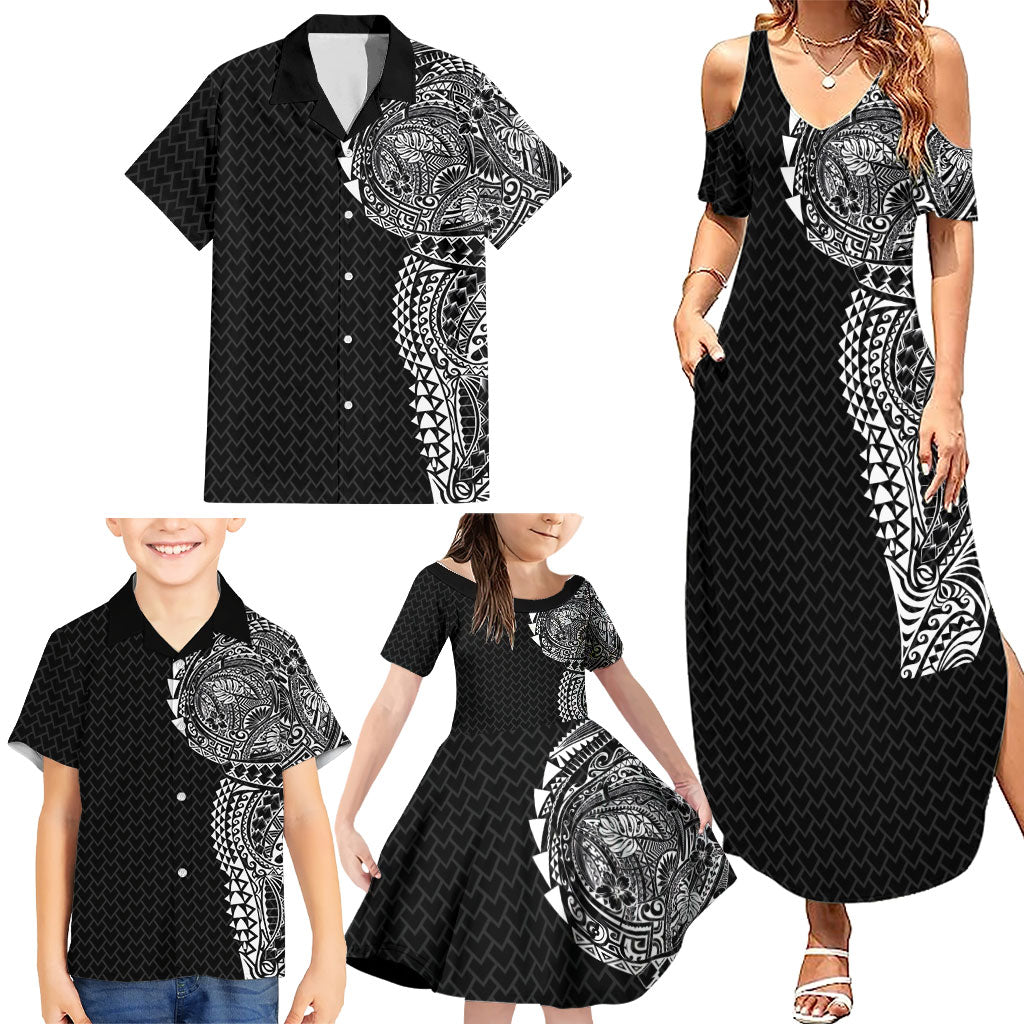 Hawaiian Traditional Tattoos Family Matching Summer Maxi Dress and Hawaiian Shirt Kakau Tribal Tropical Plant Motif Black Color LT03 - Polynesian Pride