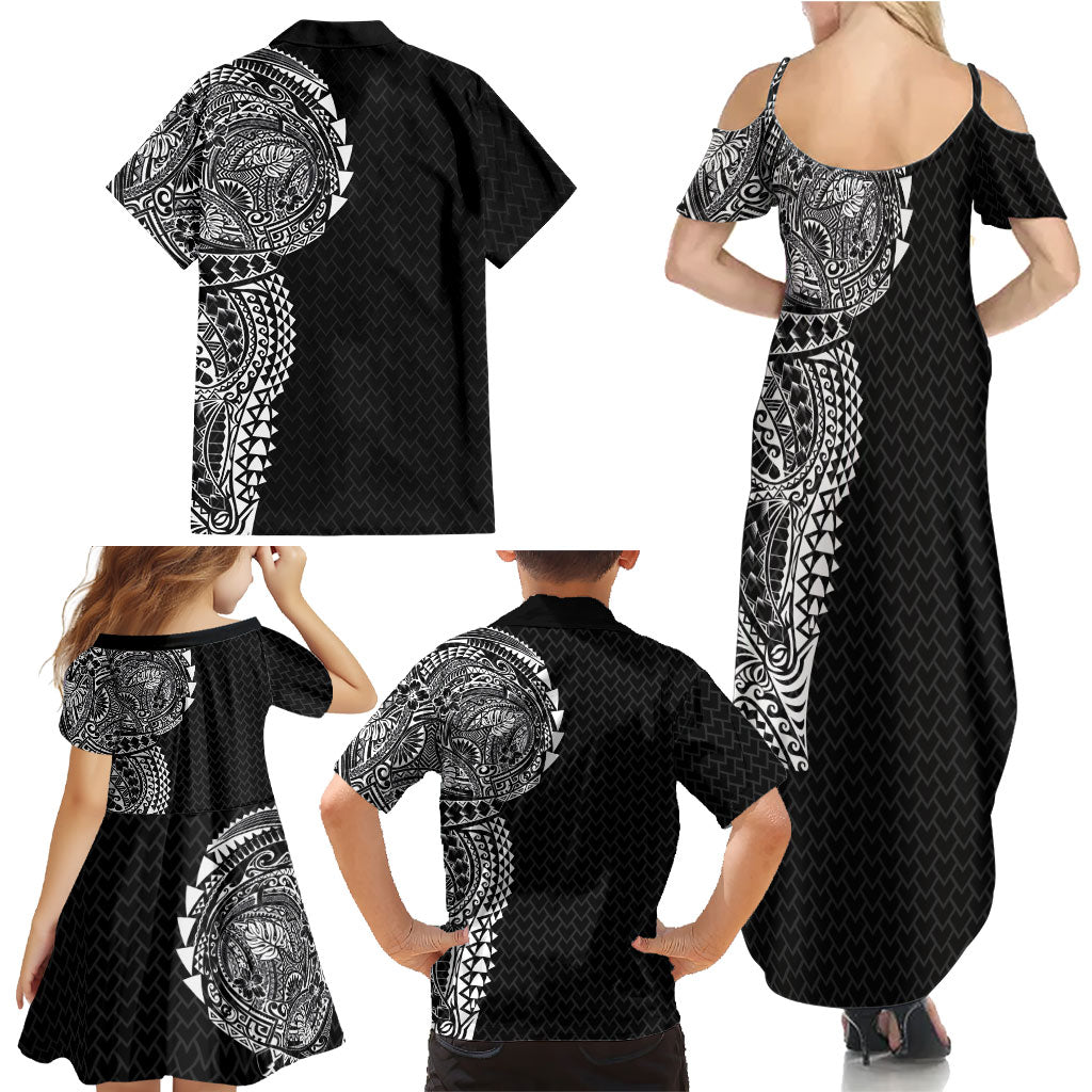 Hawaiian Traditional Tattoos Family Matching Summer Maxi Dress and Hawaiian Shirt Kakau Tribal Tropical Plant Motif Black Color LT03 - Polynesian Pride