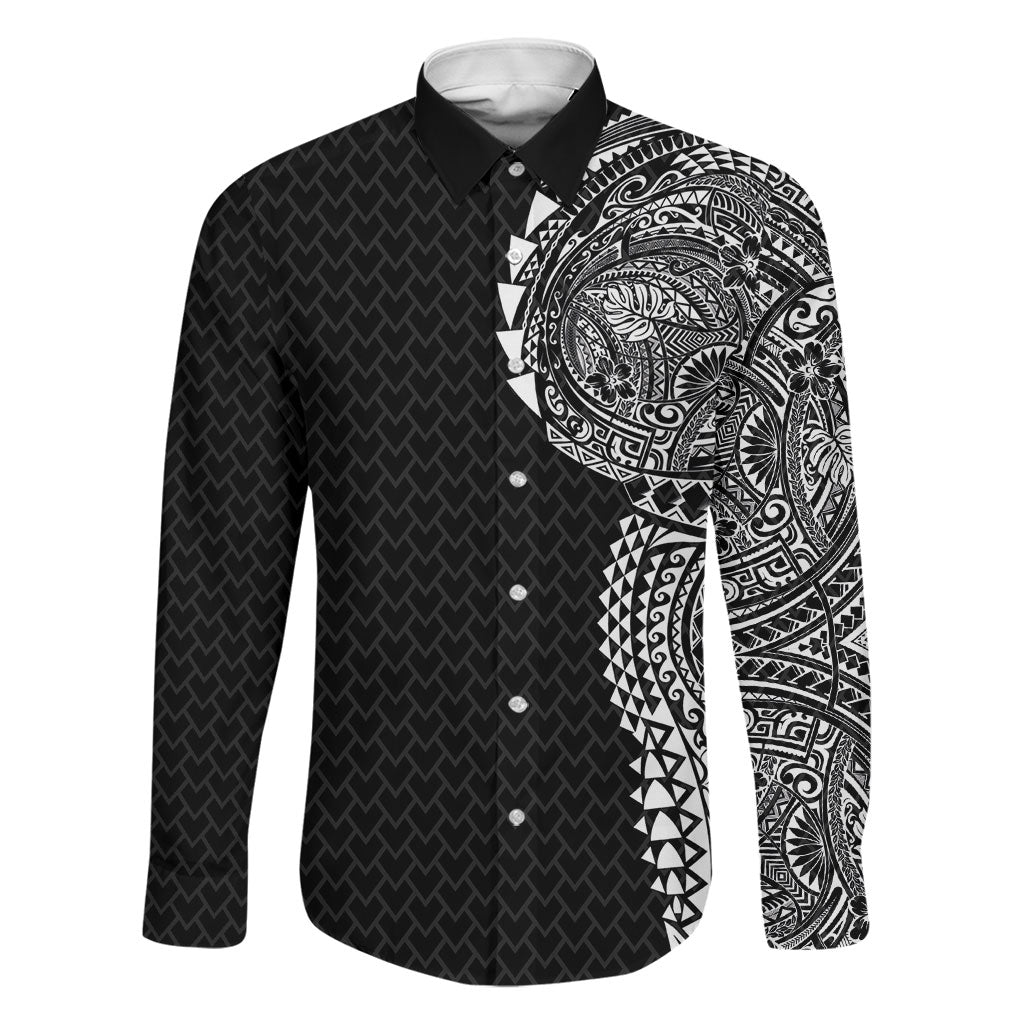 Hawaiian Traditional Tattoos Family Matching Summer Maxi Dress and Hawaiian Shirt Kakau Tribal Tropical Plant Motif Black Color LT03 Dad's Shirt - Long Sleeve Black - Polynesian Pride