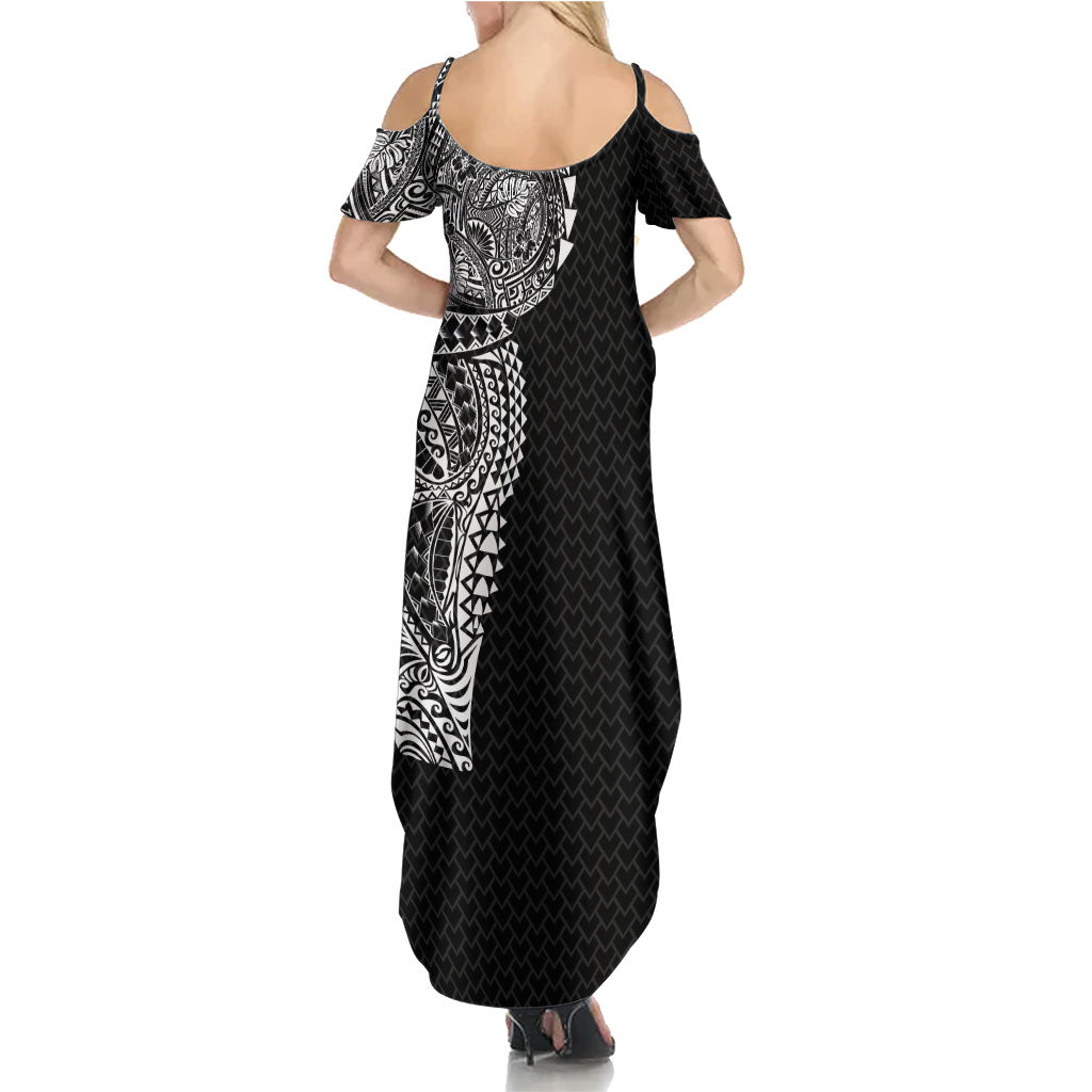 Hawaiian Traditional Tattoos Family Matching Summer Maxi Dress and Hawaiian Shirt Kakau Tribal Tropical Plant Motif Black Color LT03 - Polynesian Pride