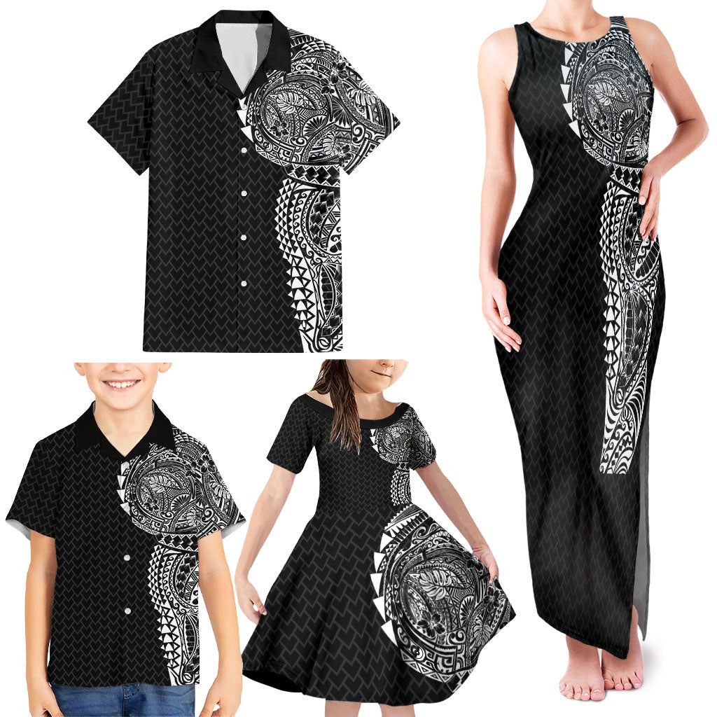 Hawaiian Traditional Tattoos Family Matching Tank Maxi Dress and Hawaiian Shirt Kakau Tribal Tropical Plant Motif Black Color LT03 - Polynesian Pride